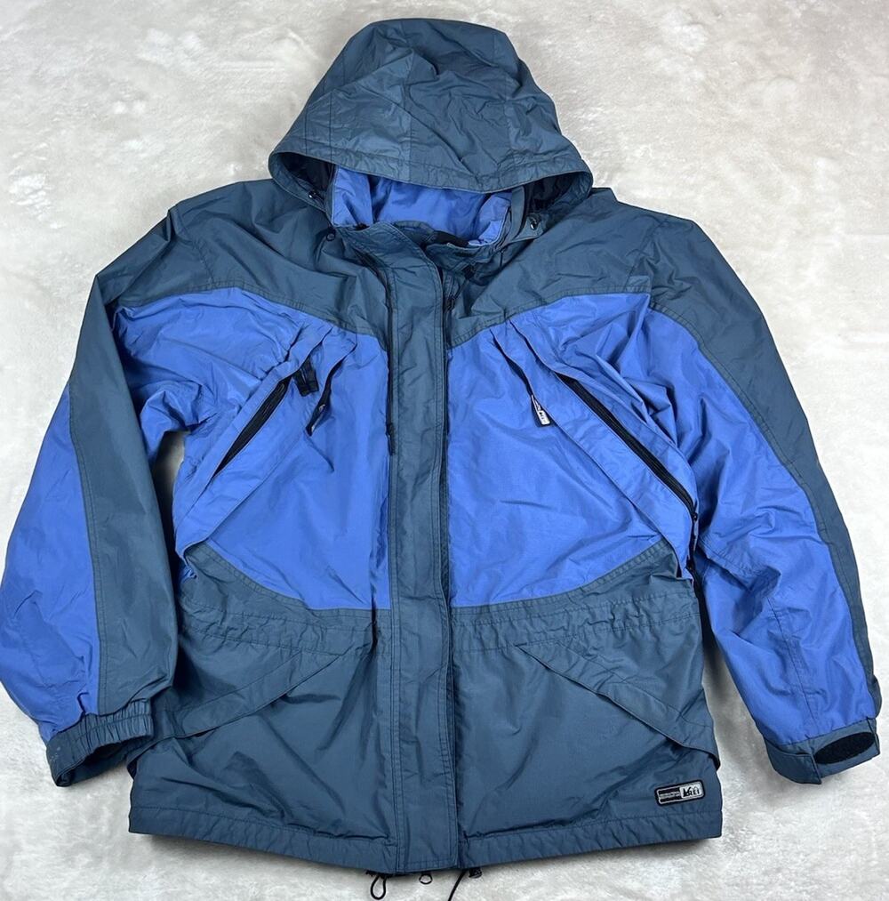 REI Elements Rain Jacket Mens Size M Blue Full Zip Hooded Outdoor Hiking Fishing